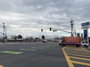 Ambulance in crosswalk at the intersection of Bernard Street and Union Avenue in Bakersfield.