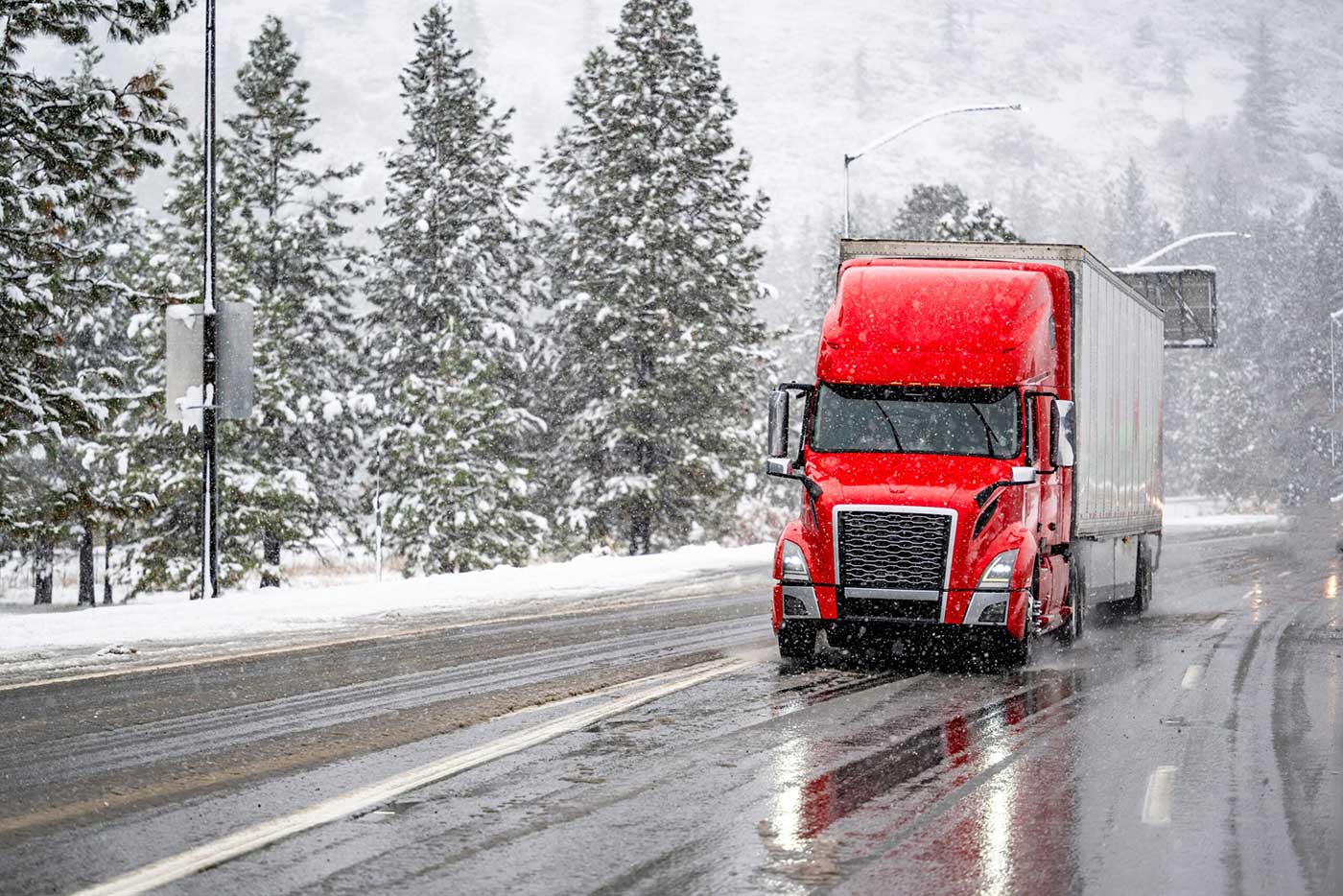 Big Rig on an Icy Road Near Shasta Lake.