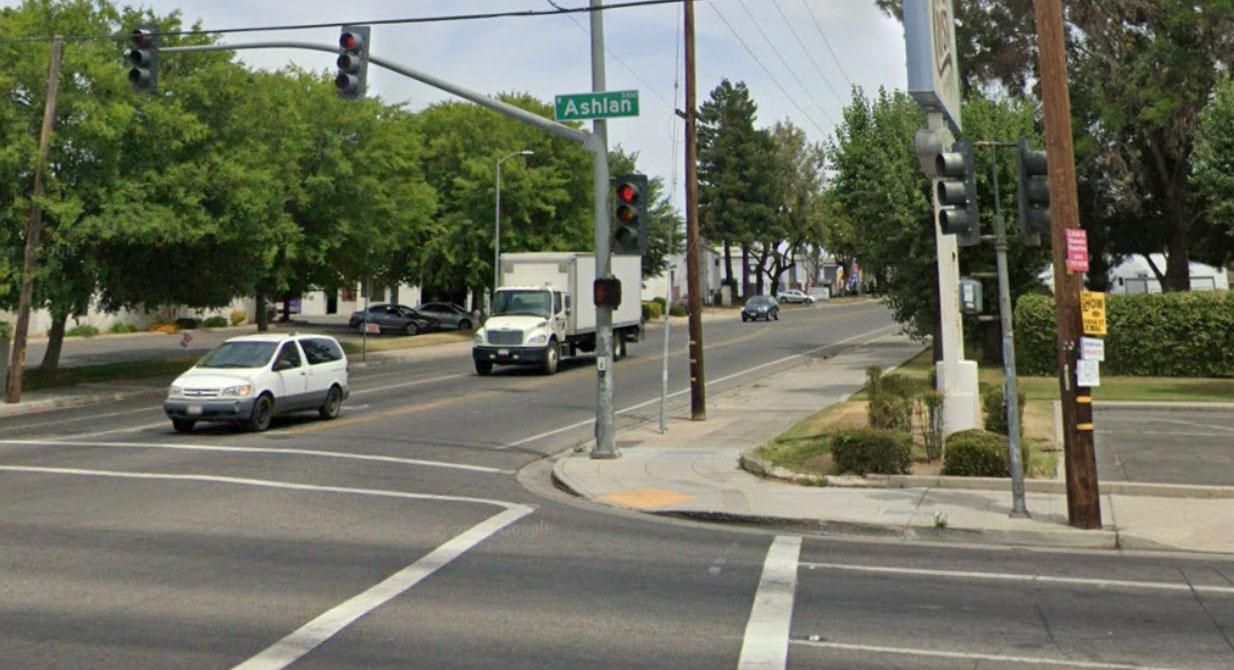 Pedestrian crosswalk on Ashlan Ave in Fresno, CA