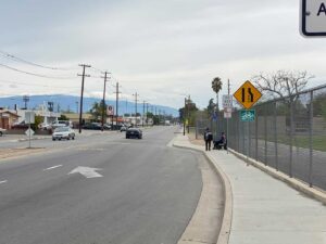 Traffic lanes and signs on Bernard St in Bakersfield, CA