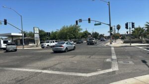 A bike lane along 6th Street at the intersection of Gateway Drive in Madera.