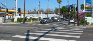 A pedestrian crosswalk at Ave 52 and Figueroa Street in Los Angeles.