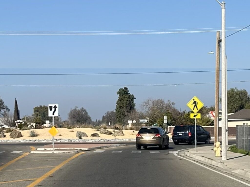 Crosswalk at roundabout at Santa Fe Street and Houston Avenue in Visalia.