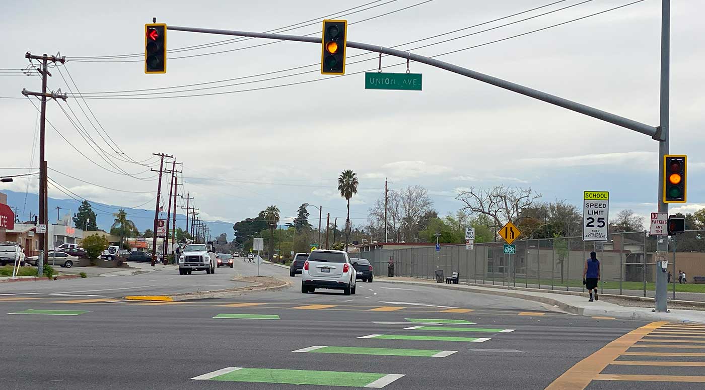 Morning traffic at the intersection of Union Avenue and Bernard Street in Bakersfield