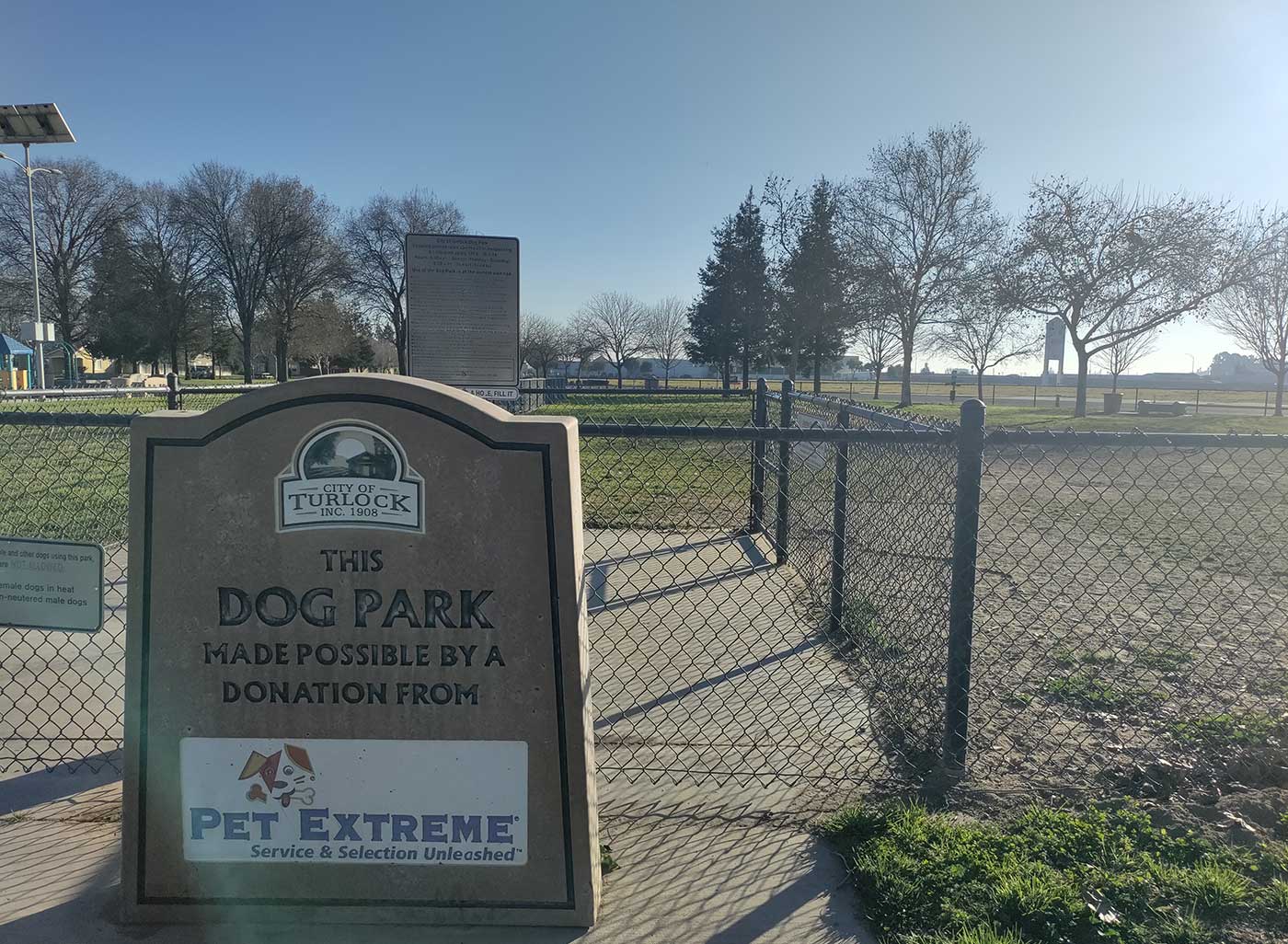 Entrance to Swanson-Centennial Dog Park in Turlock.