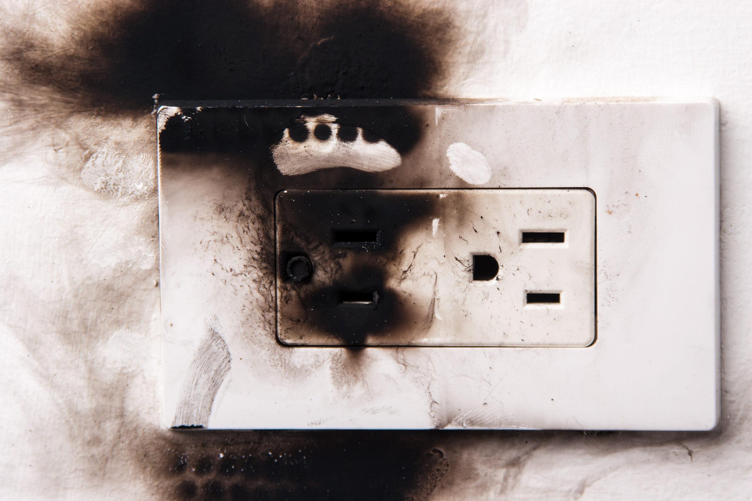 An empty white power outlet blacked by a previous spark or fire