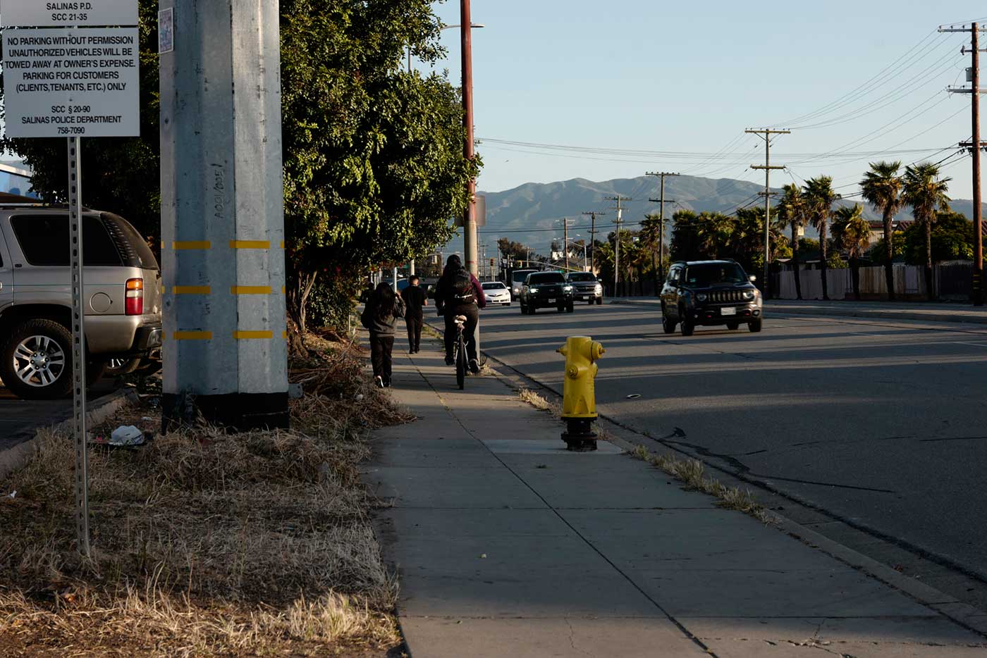 Bicycle rider on sidewalk along Sanborn Road in Salinas.