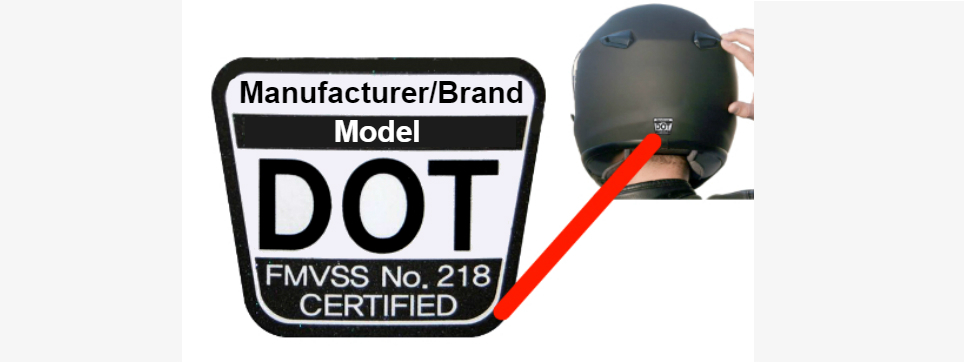 A small photo of the back of the head of a person wearing a motorcycle helmet. Also a magnified view of the DOT sticker on the back indicating it's an approved helmet.