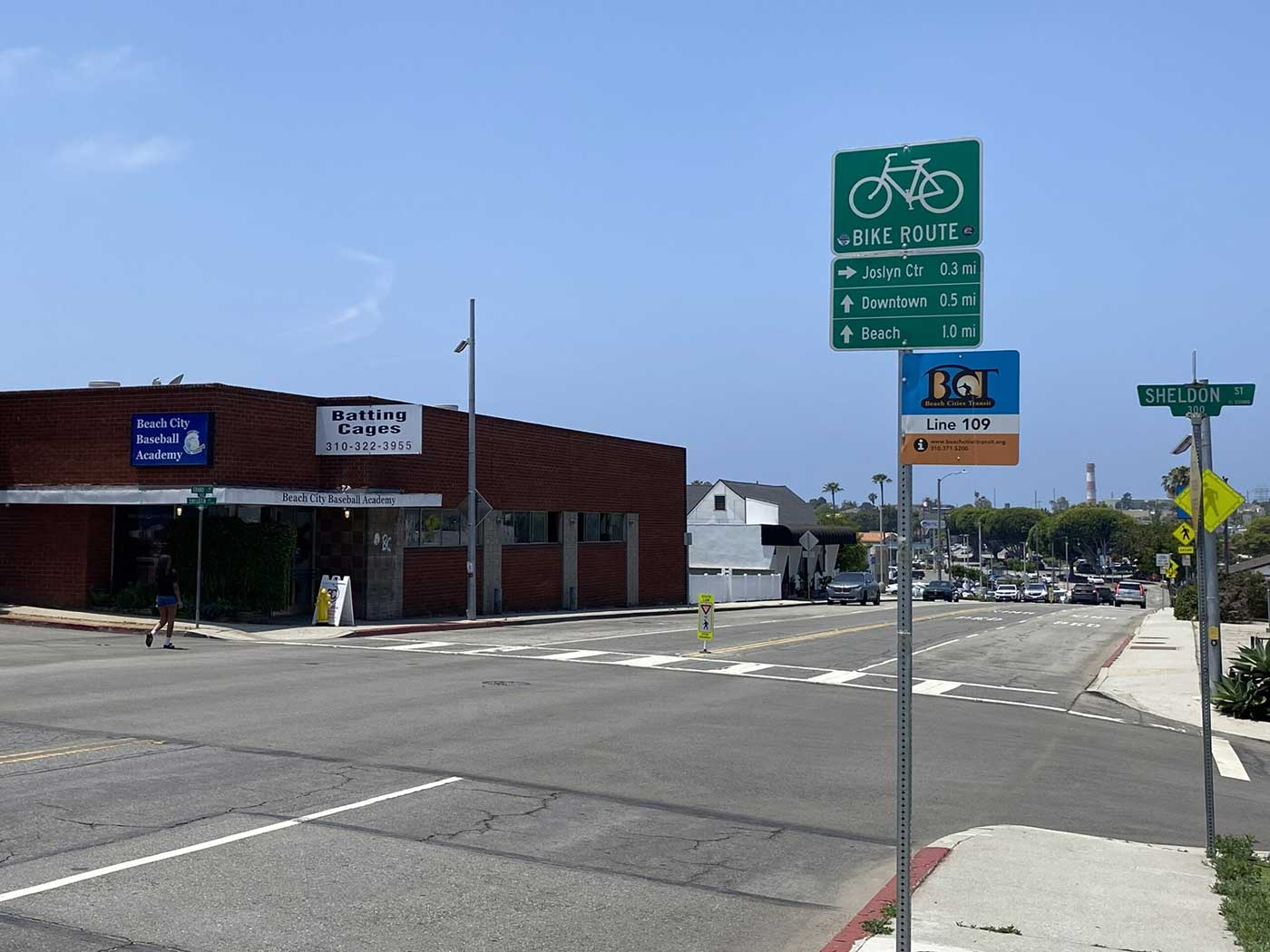 Pedestrian in El Segundo crossing the street at the Grand Avenue/Sheldon Street intersection